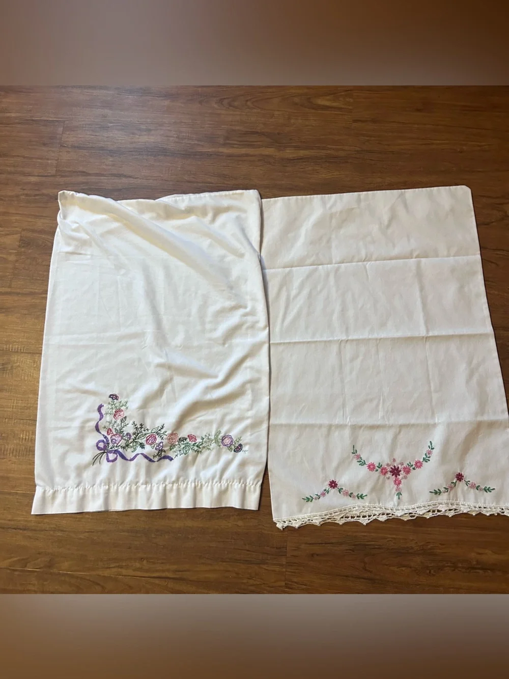 Vintage White Pillowcase with Pink, Purple and Green Floral Embroidery pair